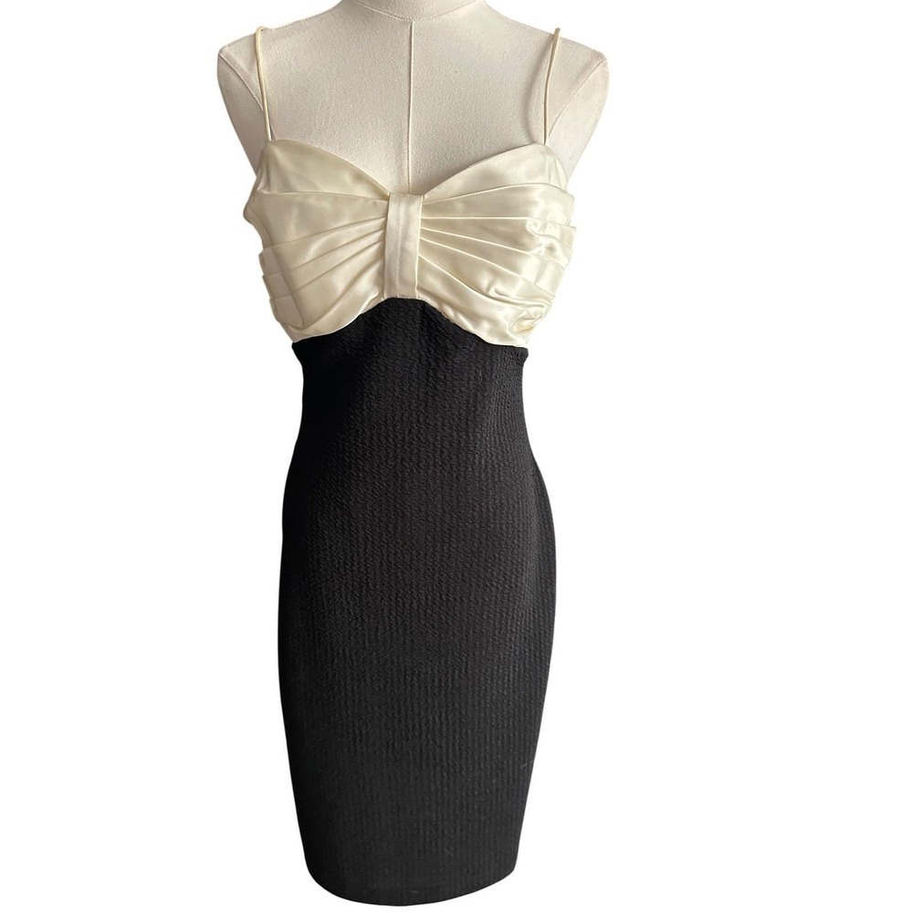 Vintage 80s Black & Cream Satin Bow Bodice Wiggle Dress Size 9